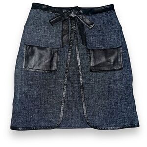 Robert Rodriguez Skirt Gray Tweed Wool & Black Leather Accent Bow Pockets Size 6